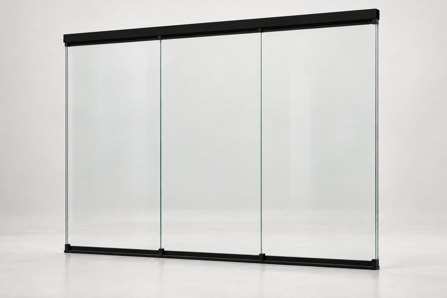 Productrender: 3-rail glazen schuifwand, Mat zwart