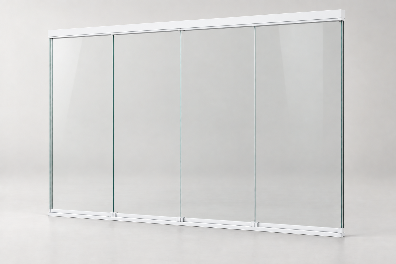 Productrender: 4-rail glazen schuifwand, Mat wit