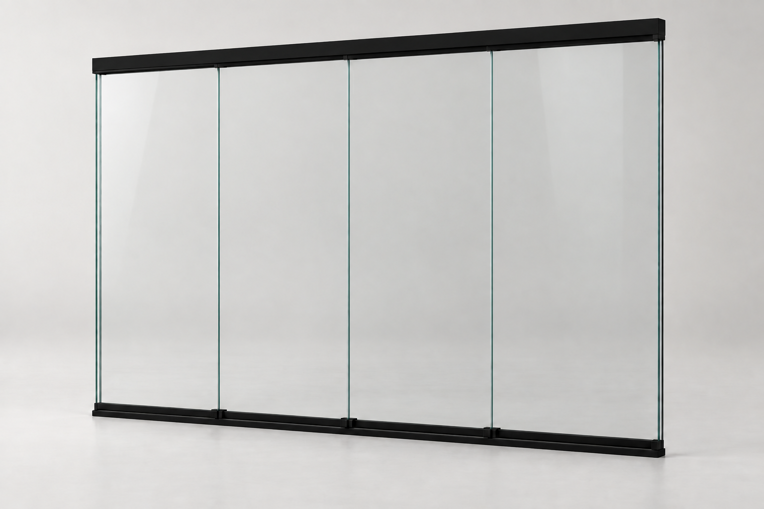Productrender: 4-rail glazen schuifwand, Mat zwart