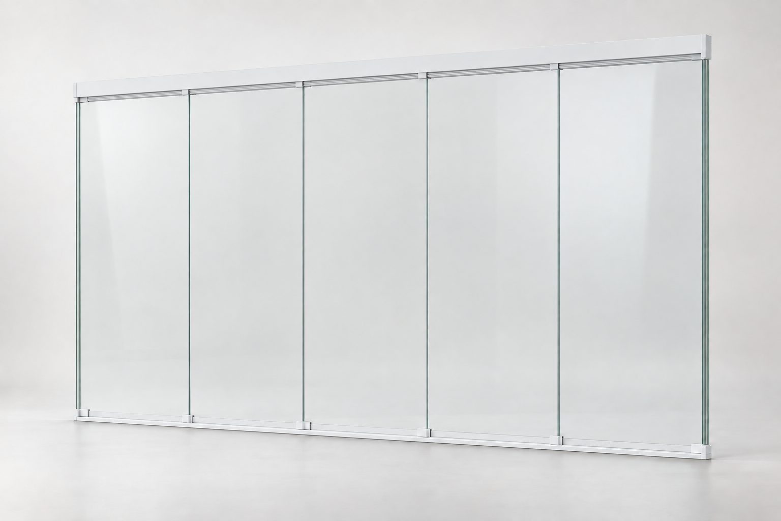 Productrender: 5-rail glazen schuifwand, Mat wit