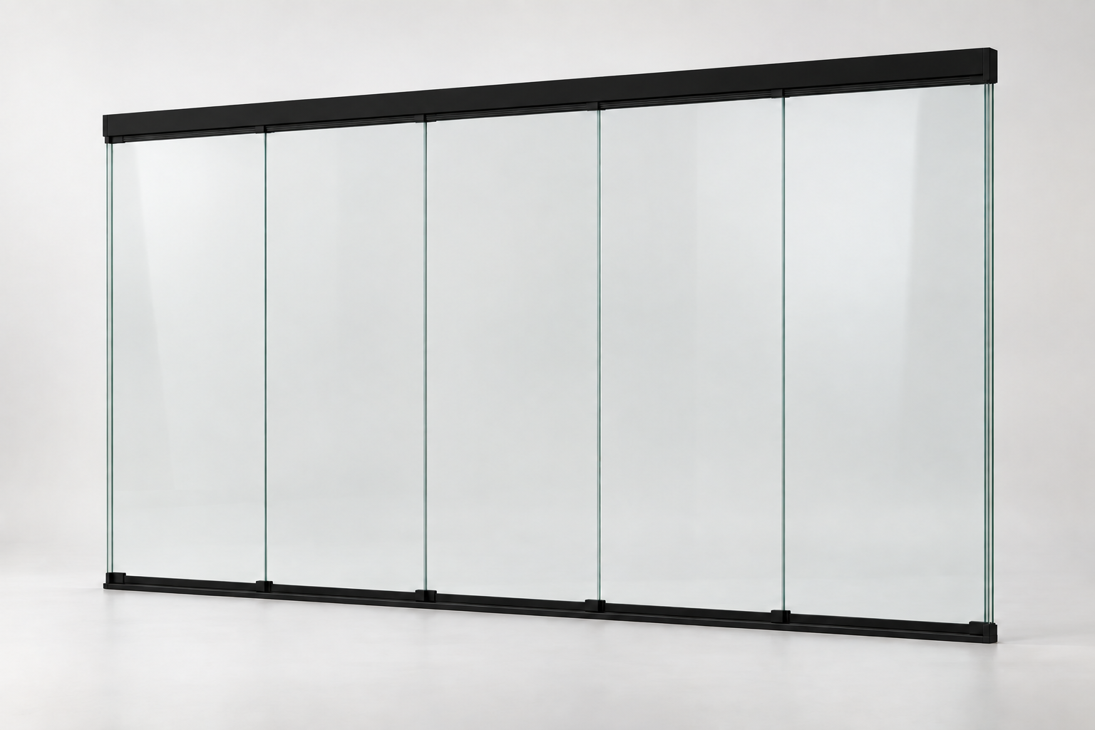Productrender: 5-rail glazen schuifwand, Mat zwart
