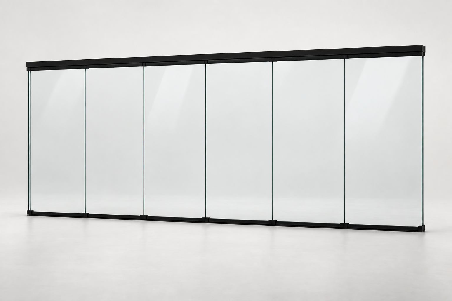 Productrender: 6-rail glazen schuifwand, Mat zwart