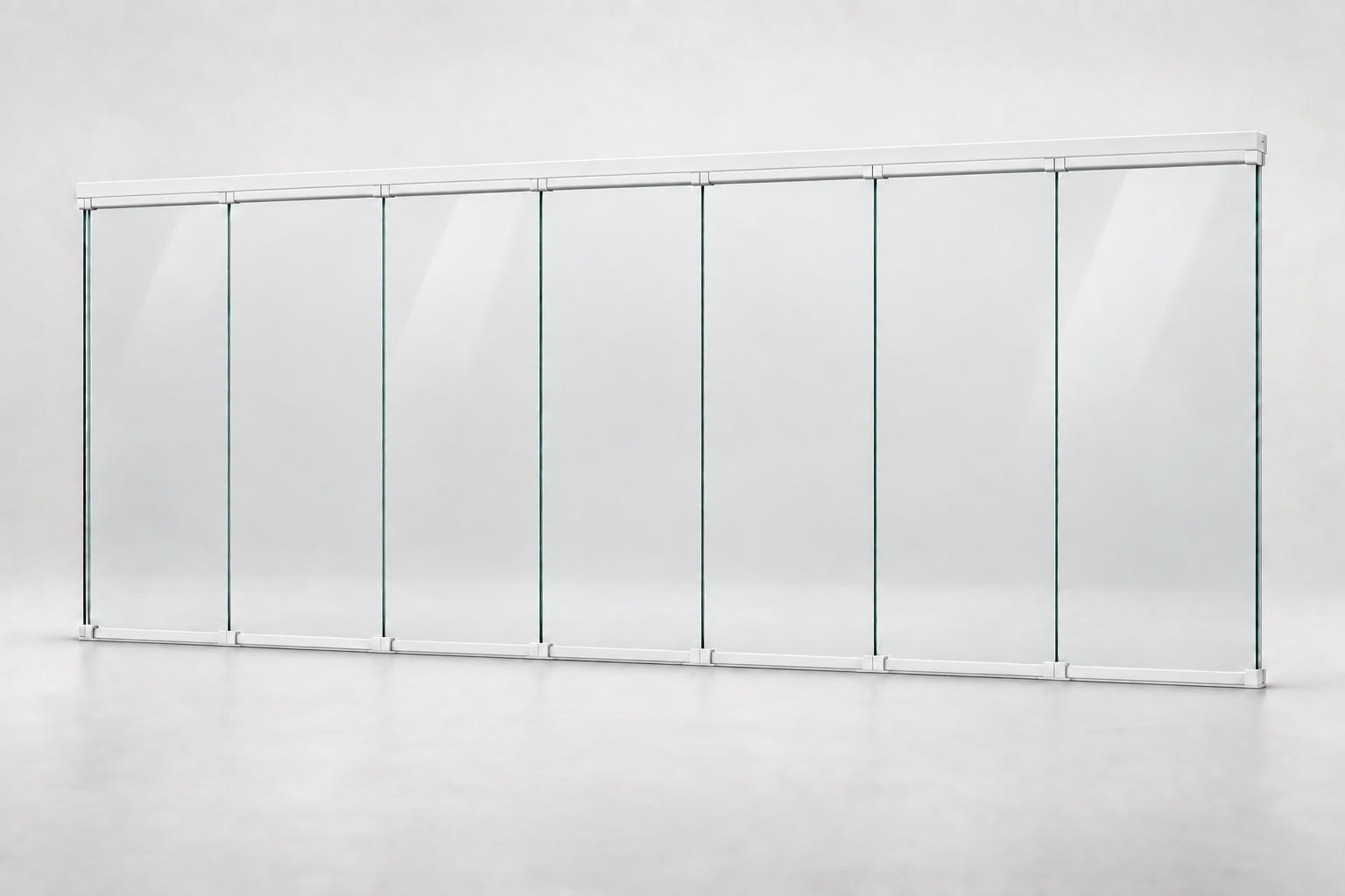 Productrender: 7-rail glazen schuifwand, Mat wit