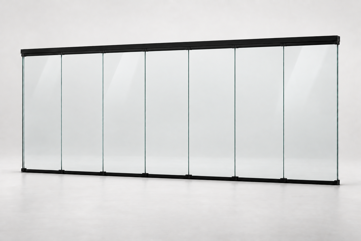 Productrender: 7-rail glazen schuifwand, Mat zwart